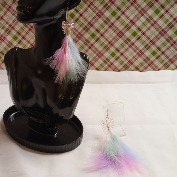 Home Made Handmade Feather & Metal Cat Multi Color Bow Earrings #41 - Picture 9 of 10